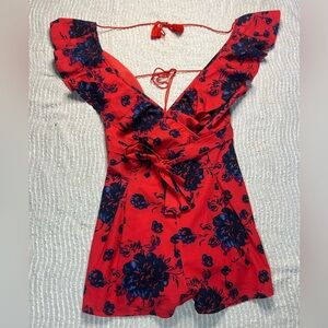 Floral Red Blue Romper Hello Molly NWT Size 10 (fits like s/m) Flowers Tassels